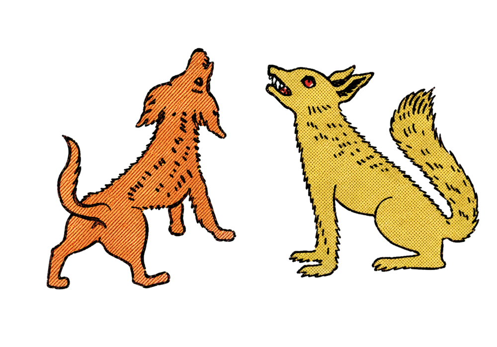 A dog and wolf howling on opposite sides of a path