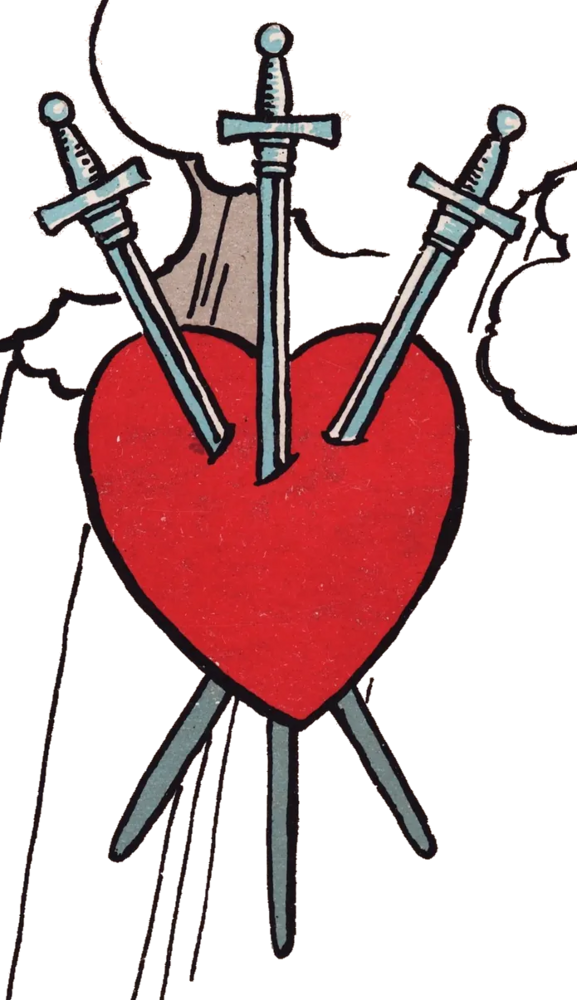 Three gray swords piercing a red heart