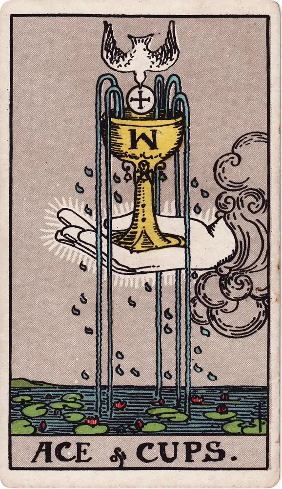 The cleaned Rider–Waite–Smith Ace of Cups tarot card