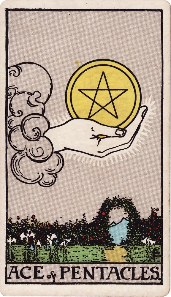 Ace of Pentacles tarot card showing a hand presenting a golden pentacle above a garden