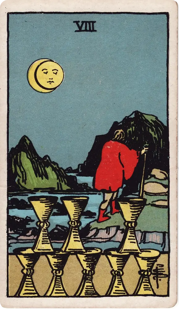The cleaned Rider–Waite–Smith Eight of Cups tarot card