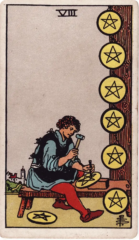 The cleaned Rider–Waite–Smith Eight of Pentacles tarot card