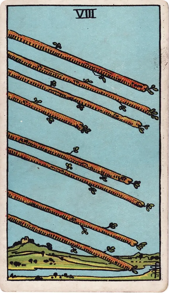 The cleaned Rider–Waite–Smith Eight of Wands tarot card