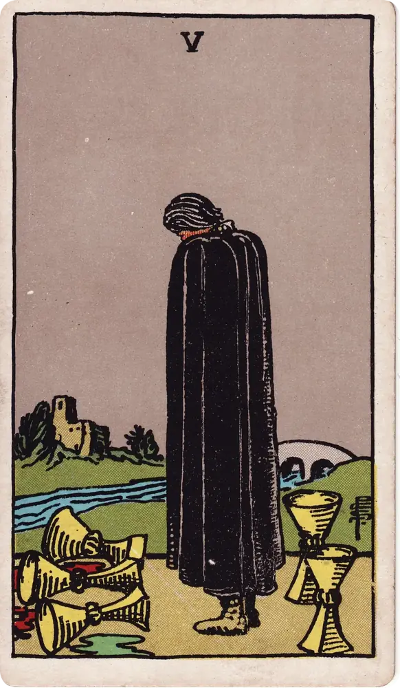 The cleaned Rider–Waite–Smith Five of Cups tarot card