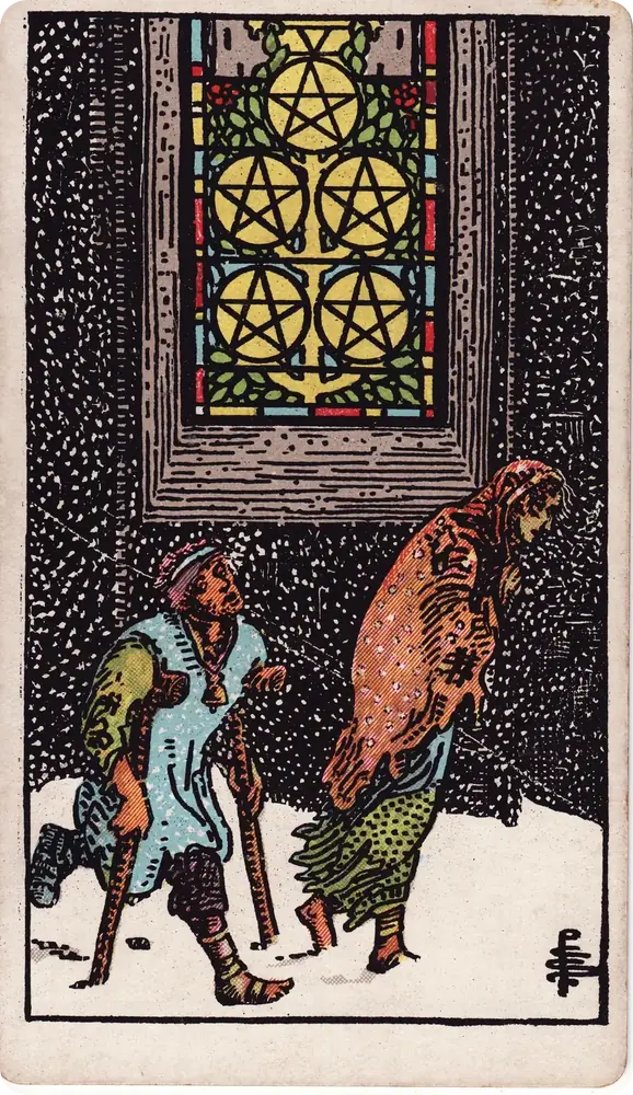 The cleaned Rider–Waite–Smith Five of Pentacles tarot card