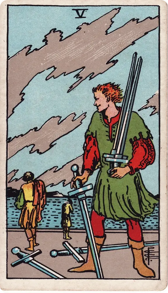 The cleaned Rider–Waite–Smith Five of Swords tarot card