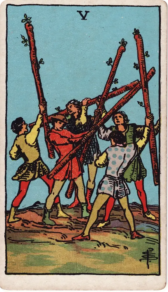 The cleaned Rider–Waite–Smith Five of Wands tarot card