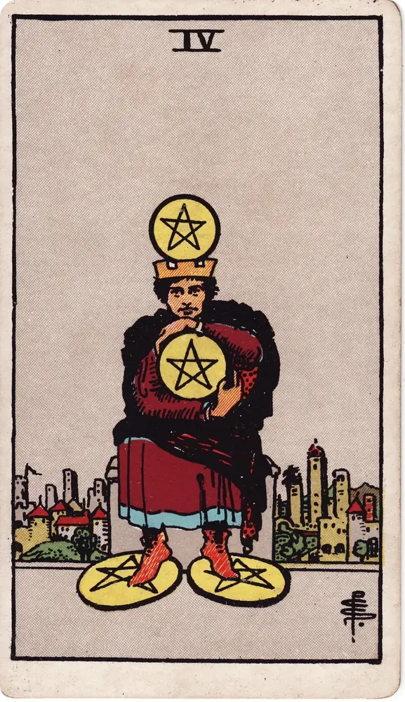 The cleaned Rider–Waite–Smith Four of Pentacles tarot card