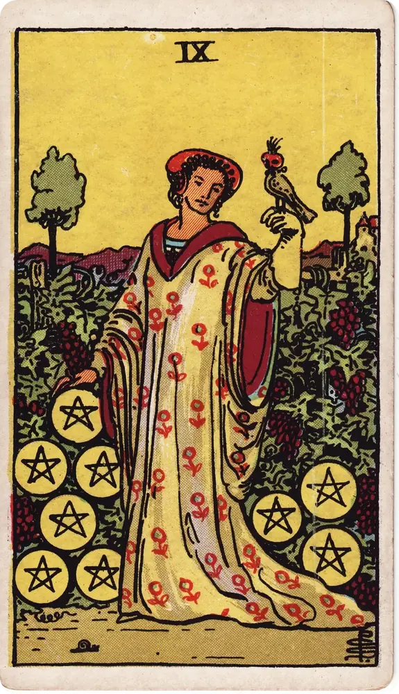 The cleaned Rider–Waite–Smith Nine of Pentacles tarot card