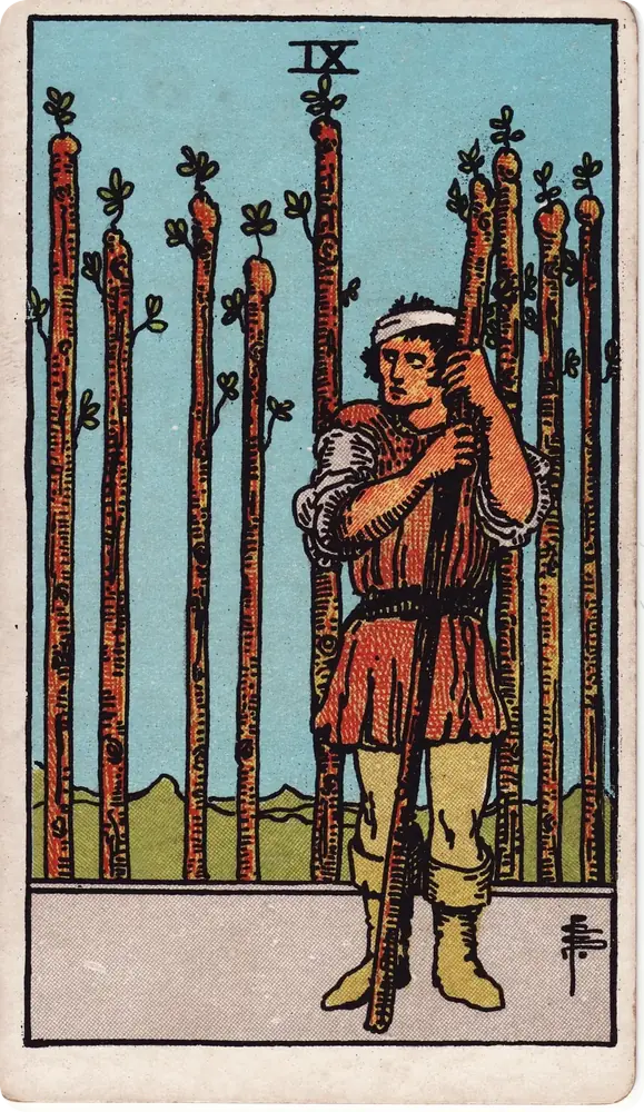 The cleaned Rider–Waite–Smith Nine of Wands tarot card