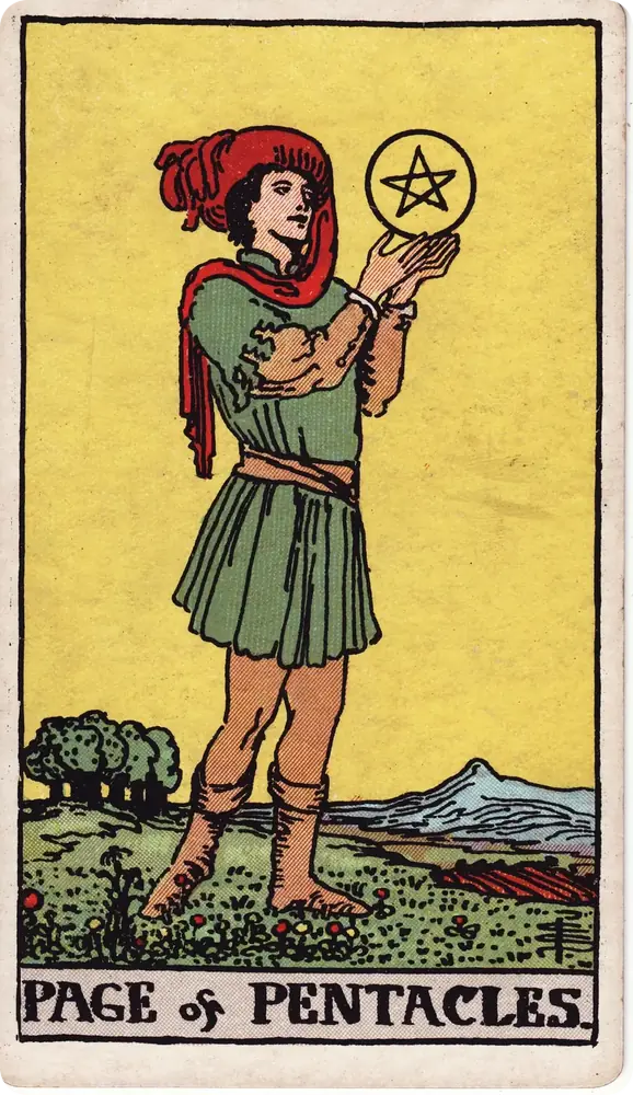 The cleaned Rider–Waite–Smith Page of Pentacles tarot card