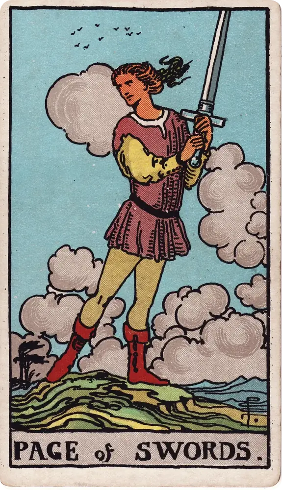 The cleaned Rider–Waite–Smith Page of Swords tarot card