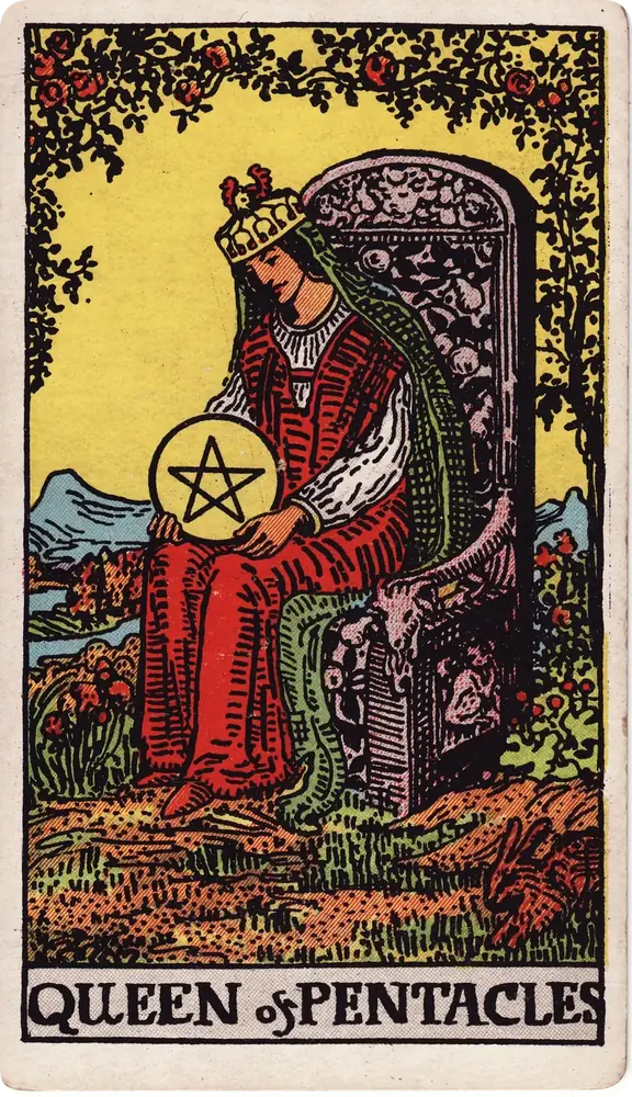 The cleaned Rider–Waite–Smith Queen of Pentacles tarot card