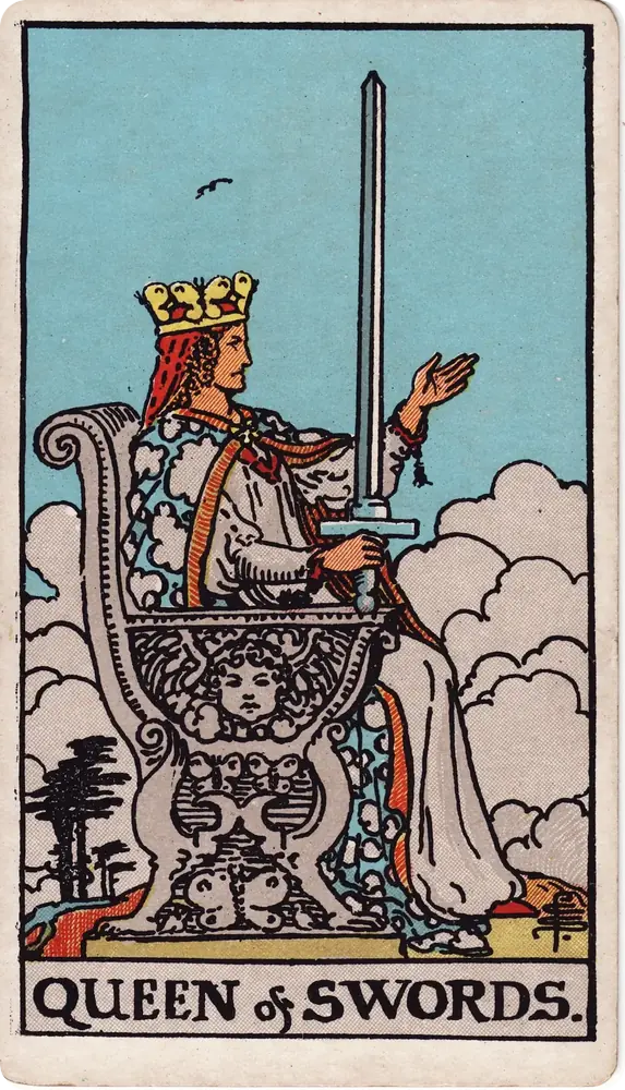 The cleaned Rider–Waite–Smith Queen of Swords tarot card