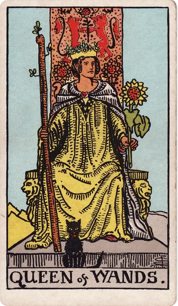 The cleaned Rider–Waite–Smith Queen of Wands tarot card