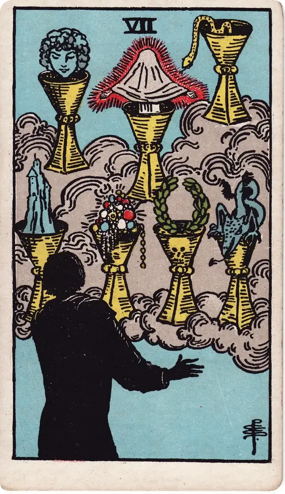 The cleaned Rider–Waite–Smith Seven of Cups tarot card