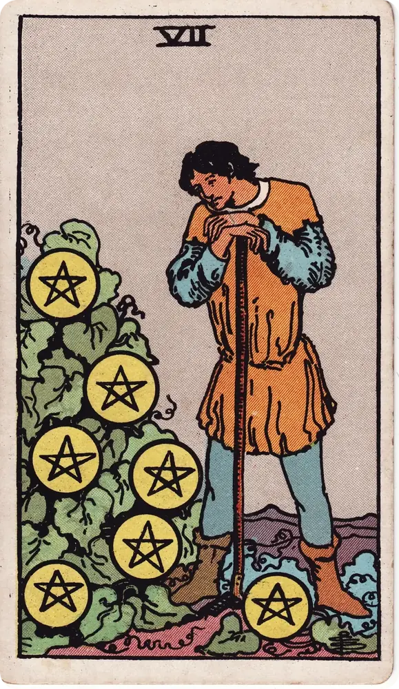 The cleaned Rider–Waite–Smith Seven of Pentacles tarot card