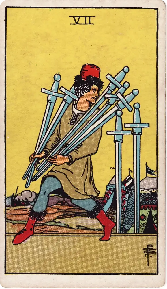 The cleaned Rider–Waite–Smith Seven of Swords tarot card