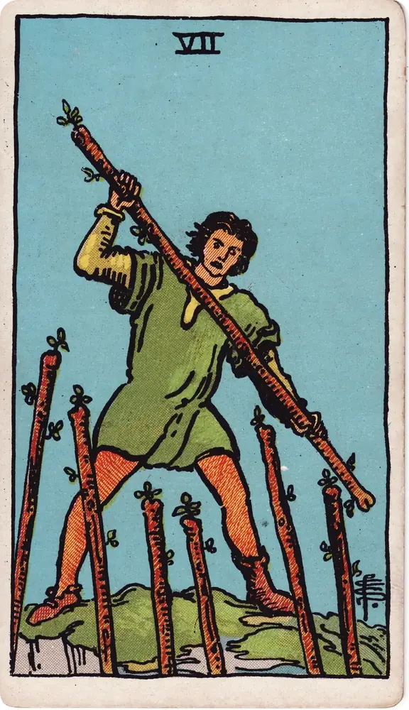 The cleaned Rider–Waite–Smith Seven of Wands tarot card
