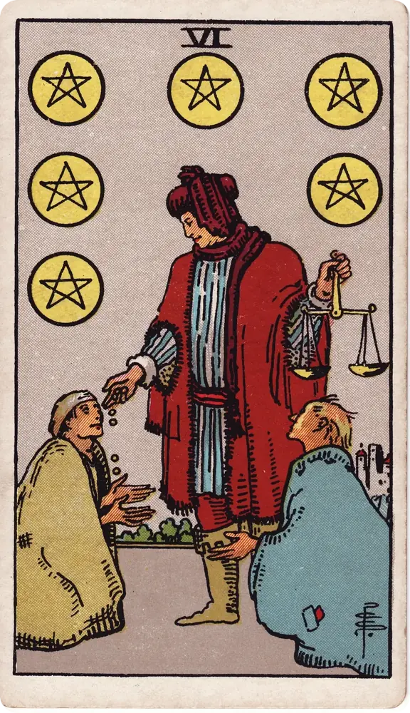 The cleaned Rider–Waite–Smith Six of Pentacles tarot card
