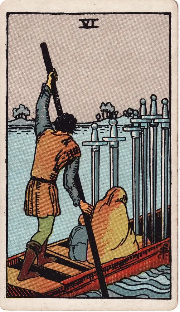 The cleaned Rider–Waite–Smith Six of Swords tarot card