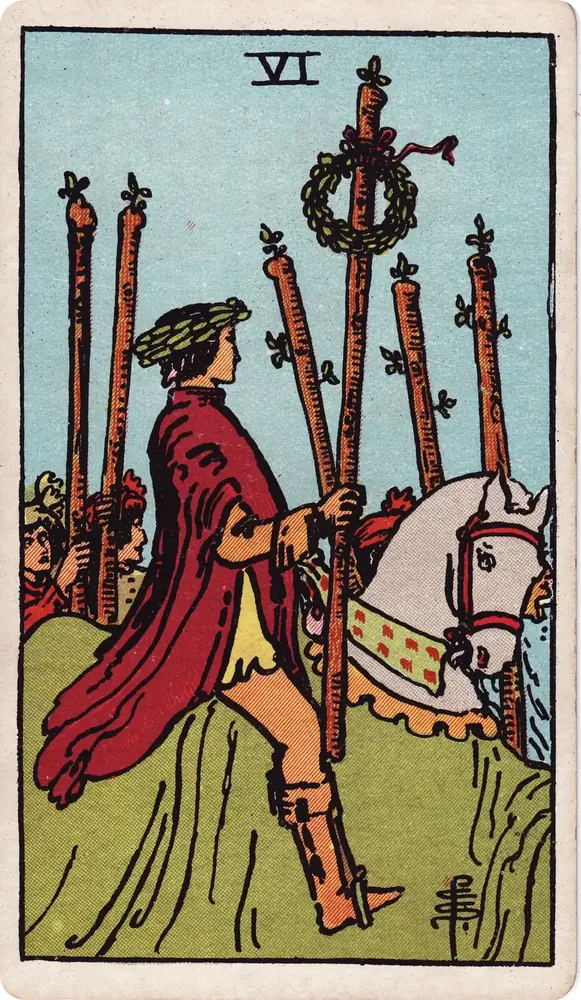 The cleaned Rider–Waite–Smith Six of Wands tarot card