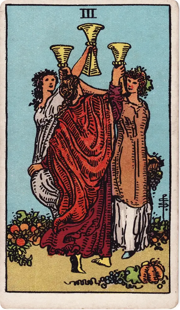 The cleaned Rider–Waite–Smith Three of Cups tarot card