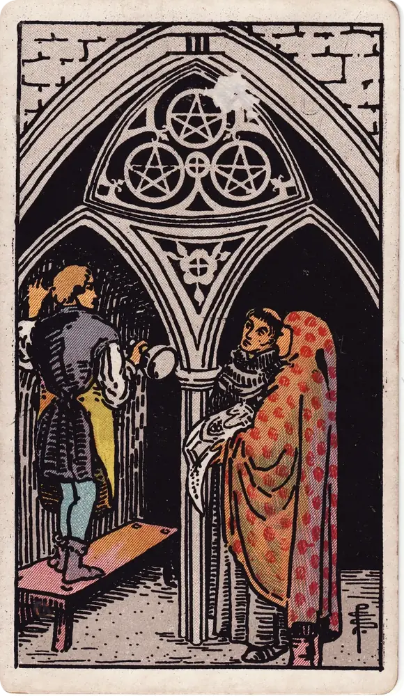 The cleaned Rider–Waite–Smith Three of Pentacles tarot card