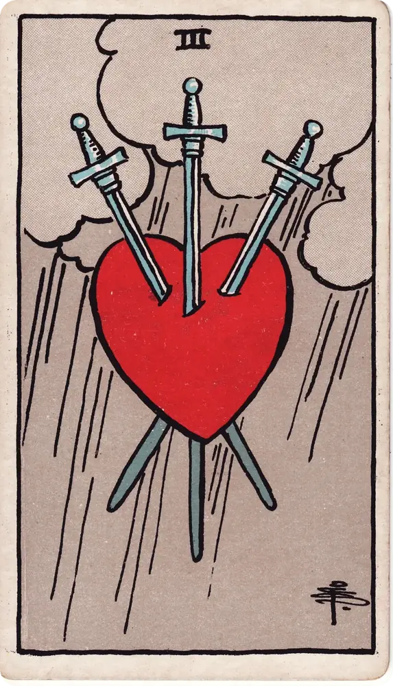 The cleaned Rider–Waite–Smith Three of Swords tarot card
