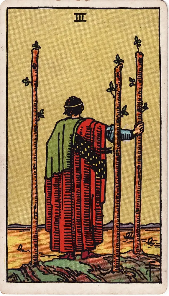 The cleaned Rider–Waite–Smith Three of Wands tarot card