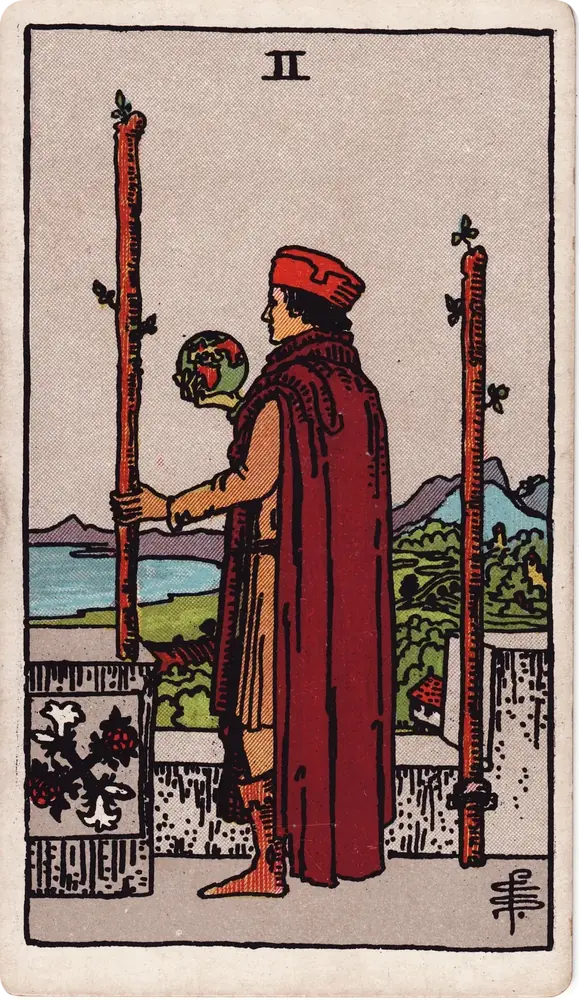 The cleaned Rider–Waite–Smith Two of Wands tarot card